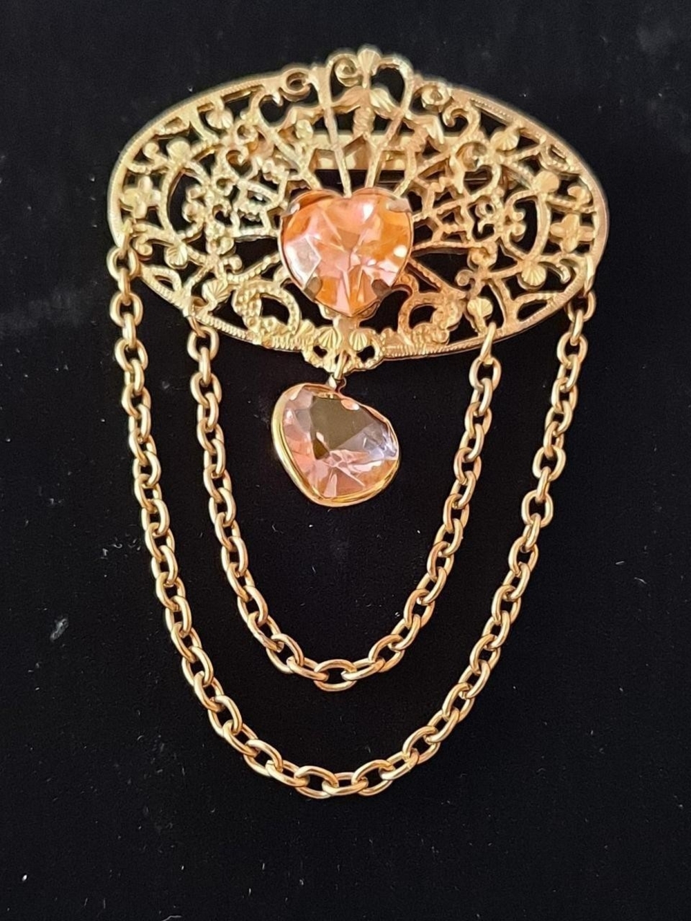 Gold Filigree Brooch with Pink Heart Rhinestones